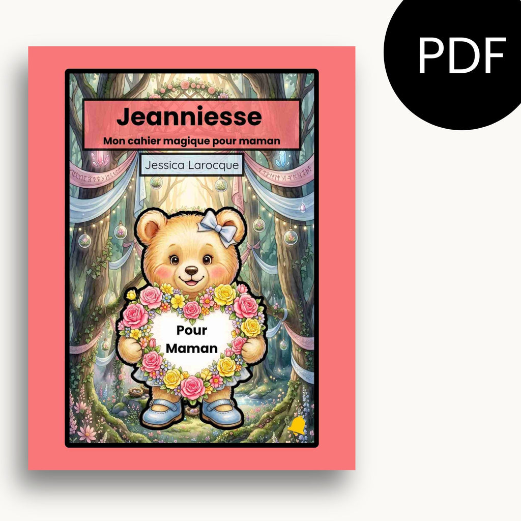 Page couverture du cahier d'activité magique pour maman. Jeanniesse tient un coeur en fleurs. Éditions Plume et clochette