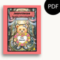 Page couverture du cahier d'activité magique pour maman. Jeanniesse tient un coeur en fleurs. Éditions Plume et clochette