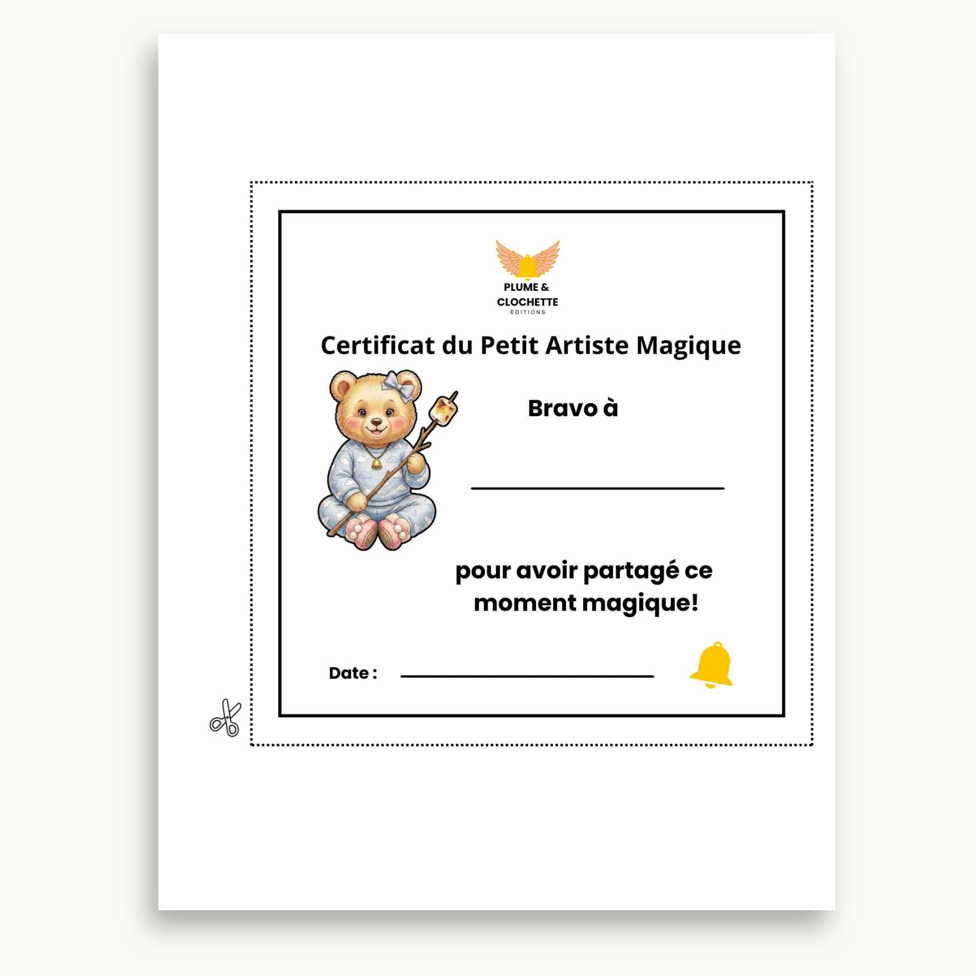 Page certificat petit artiste du cahier d'activités d'été à imprimer et à personnaliser. Éditions Plume Et Clochette