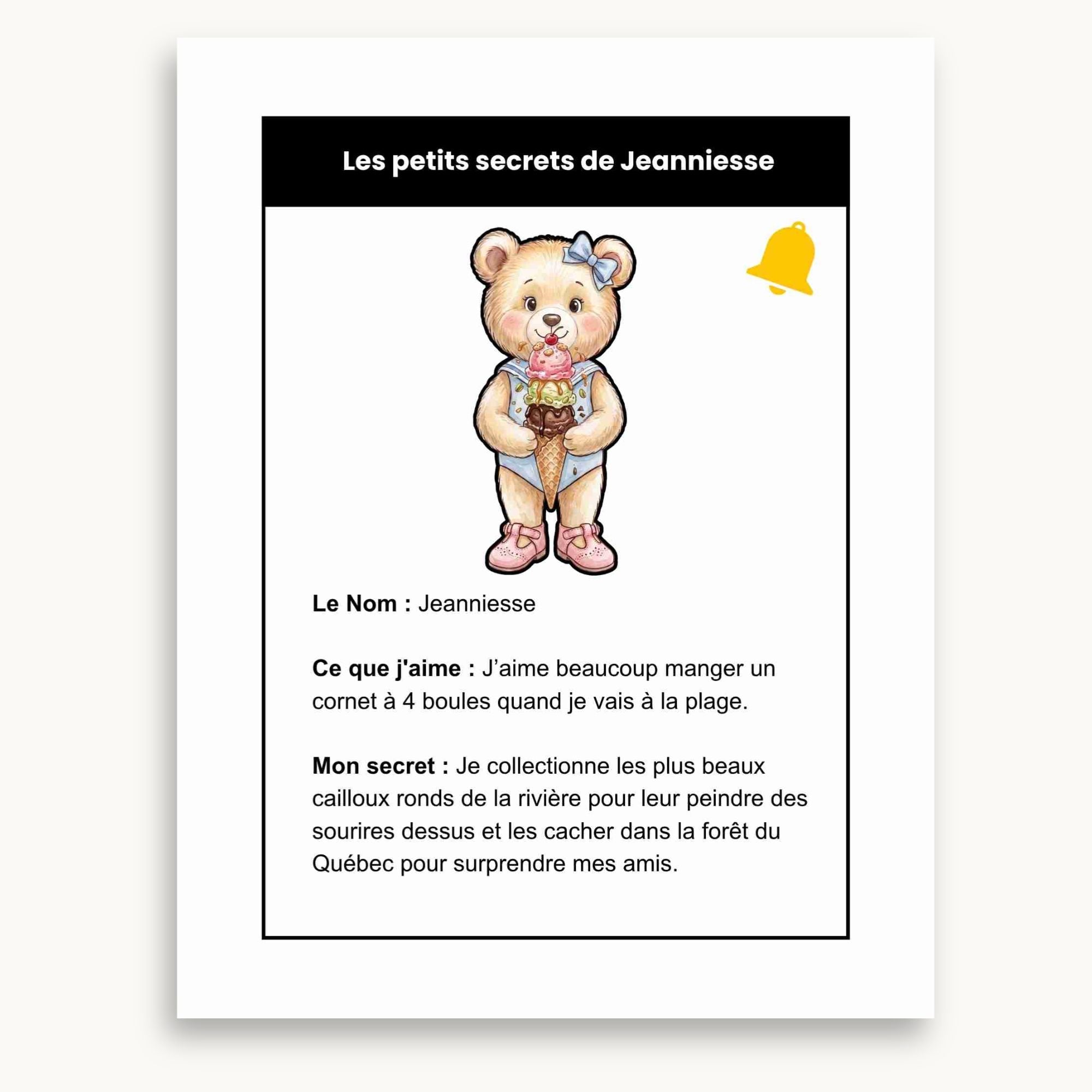 Page fiche de personnage, Jeanniesse du cahier d'activités d'été à imprimer et à lire. Éditions Plume Et Clochette