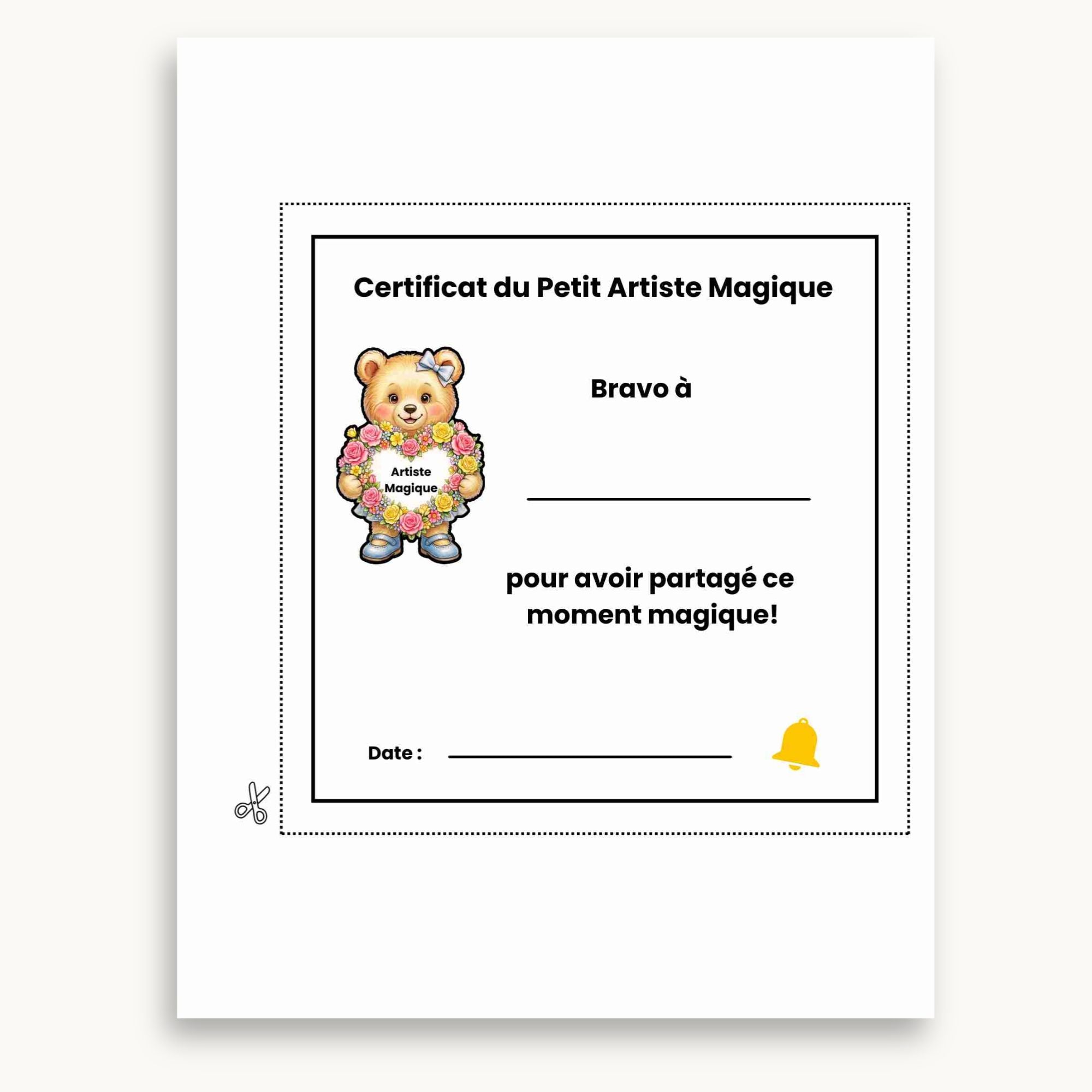 Page certificat du petit artiste du cahier de fête des mères. À imprimer et à personnaliser. Éditions Plume Et Clochette