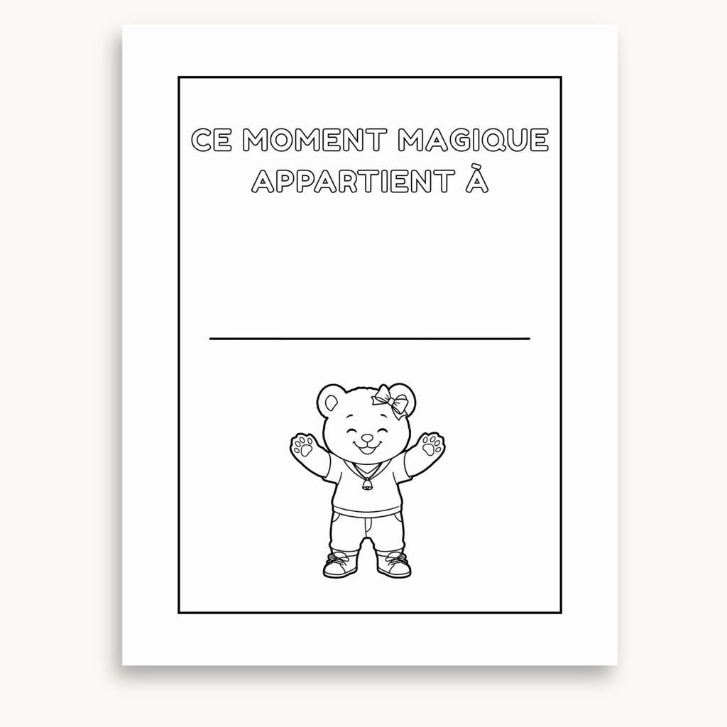 Page d'aooartenance du cahier d'acticités de la fête des pères. Jeanniesse veut nous faire un calin. À imprimer, à personnaliser et à colorier. Éditions Plume Et Clochette