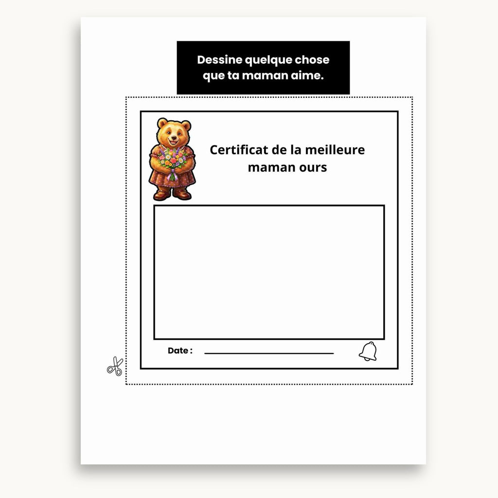 Certificat de la meilleure maman ours du cahier D'cctivités magique pour maman à imprimer et à colorier. Éditions Plume Et Clochette