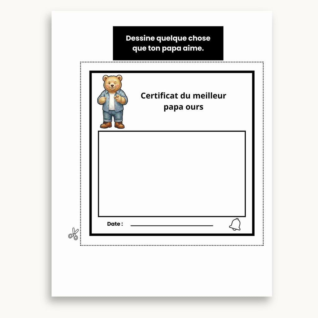 Page certificat du meilleur papa ours du cahier d'activités de la fête des pères. À imprimer et à personnaliser. Éditions Plume Et Clochette