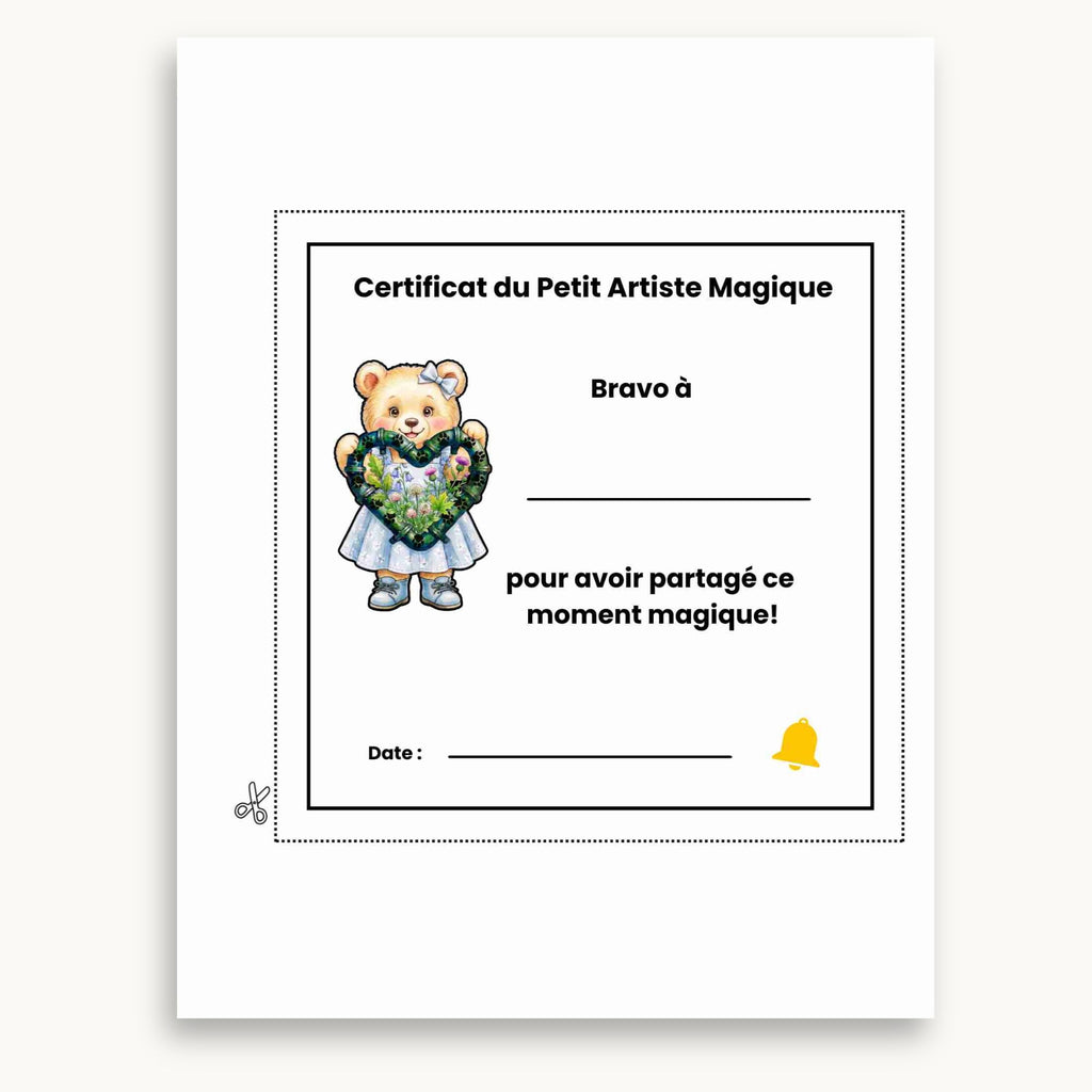 Page de certificat du petit artiste du cahier d'activités de la fête des pères. À imprimer et à personnaliser. Éditions Plume Et Clochette