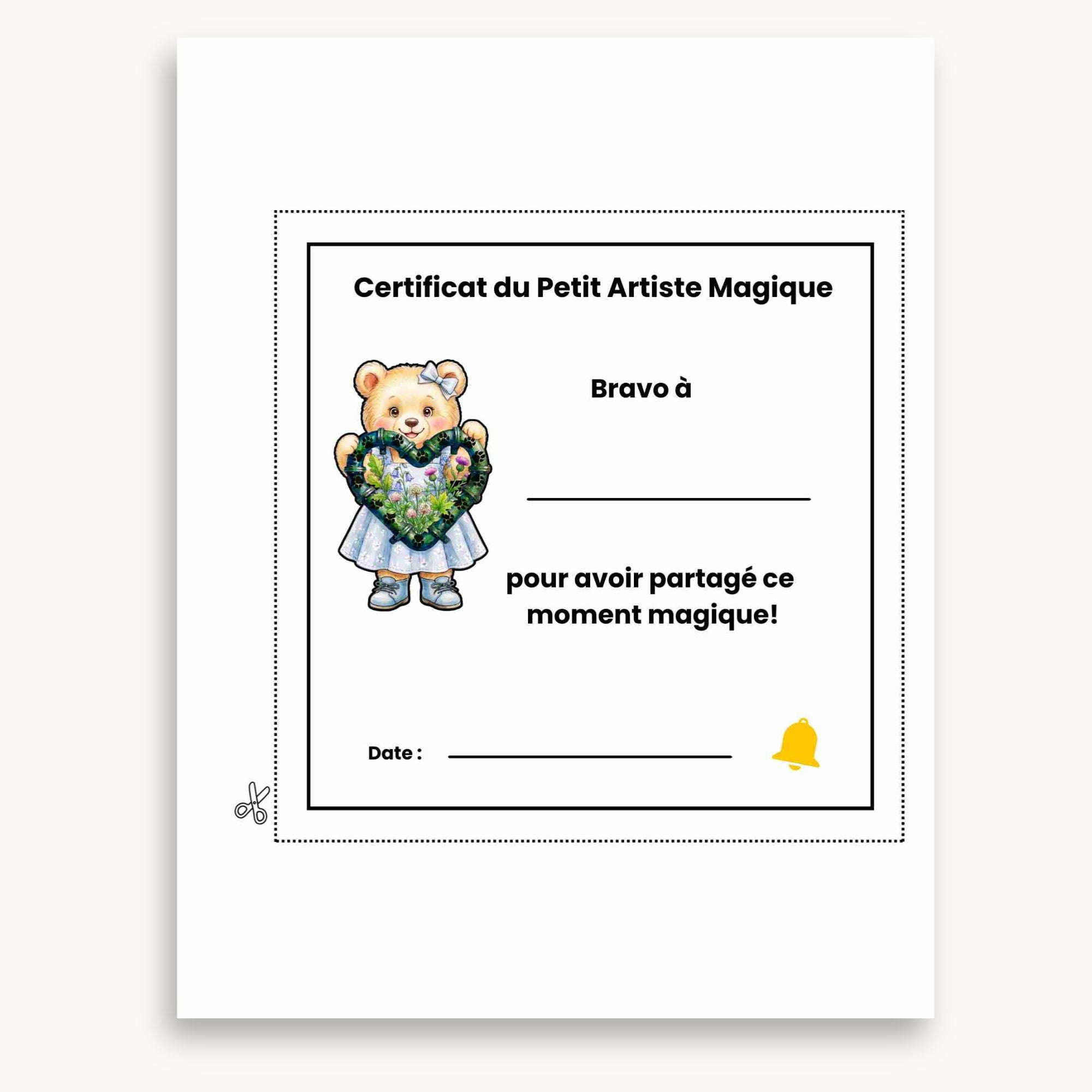 Page de certificat du petit artiste du cahier d'activités de la fête des pères. À imprimer et à personnaliser. Éditions Plume Et Clochette