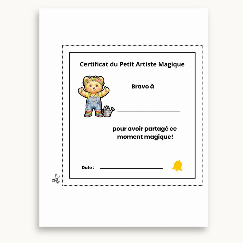 Page de certificat du petit artiste du cahier d'activités de printemps. À imprimer et à personnalisé. Éditions Plume Et Clochette
