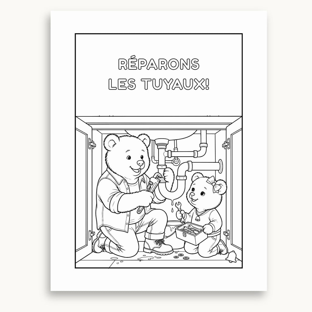 Page à colorier du cahier d'activités de la fête des pères. Jeanniesse aide son papa à réparer les tuyaux à imprimer. Éditions Plume Et Clochette
