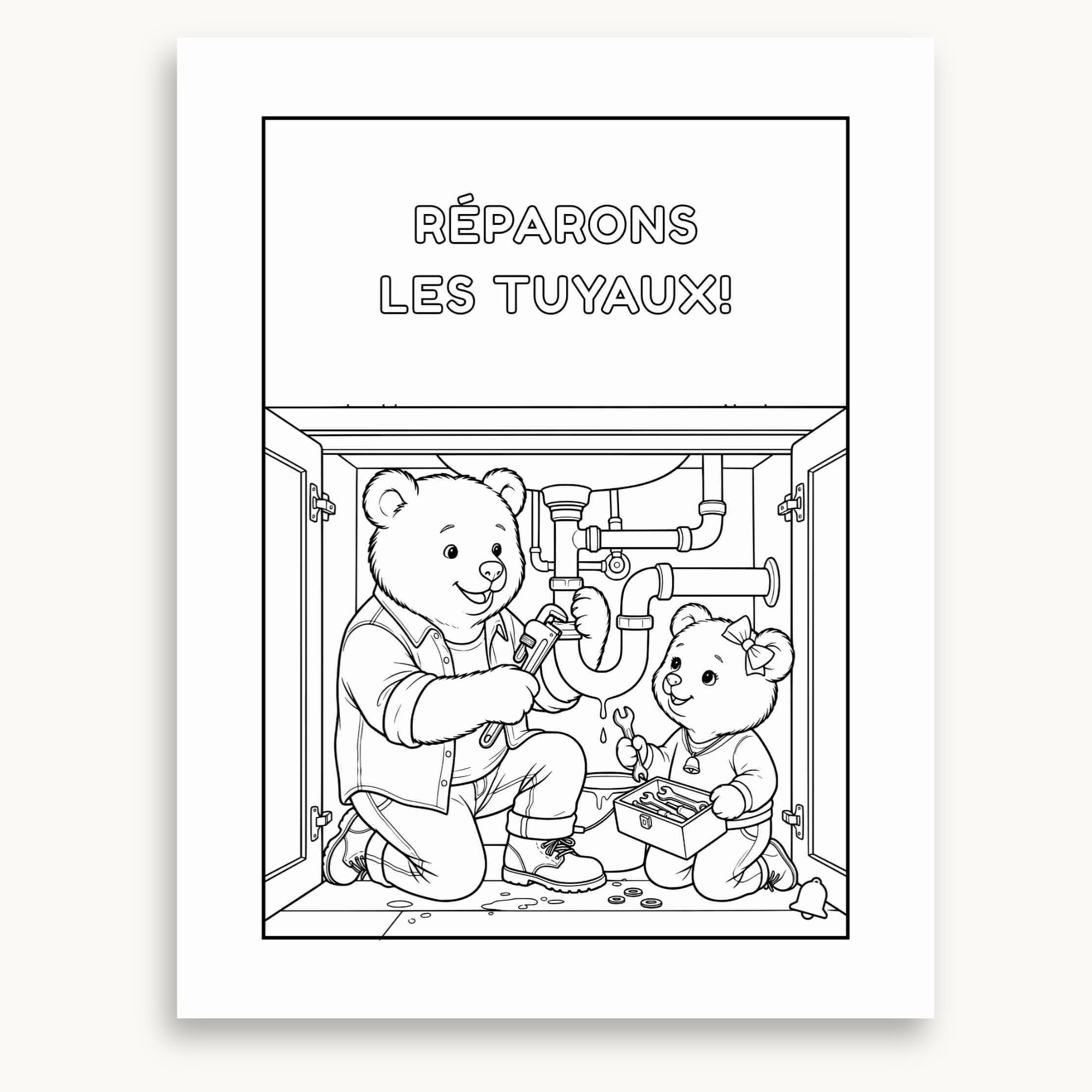 Page à colorier du cahier d'activités de la fête des pères. Jeanniesse aide son papa à réparer les tuyaux à imprimer. Éditions Plume Et Clochette