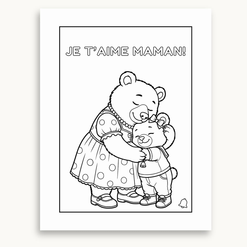 Page à colorier du cahier de fête des mères. Jeanniesse et maman ours qui se donne un calin à imprimer et à colorier.  Éditions Plume Et Clochette