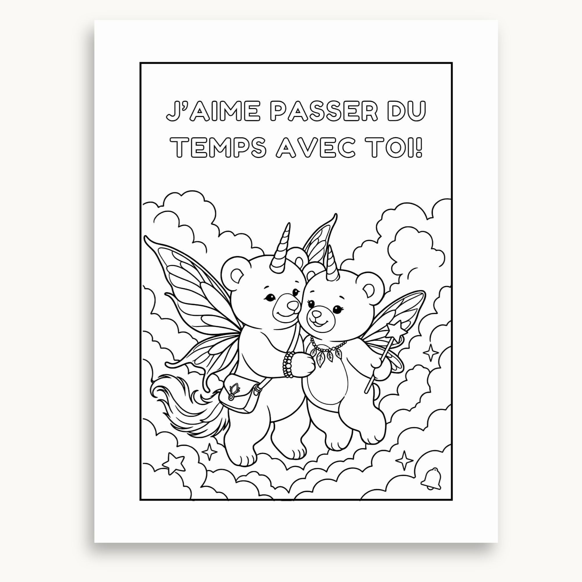 Page de coloriage du cahier de fête des mères. Les fée Licornours Mira-Belle et sa maman se donne un calin. À imprimer et colorier. Éditions Plume Et Clochette