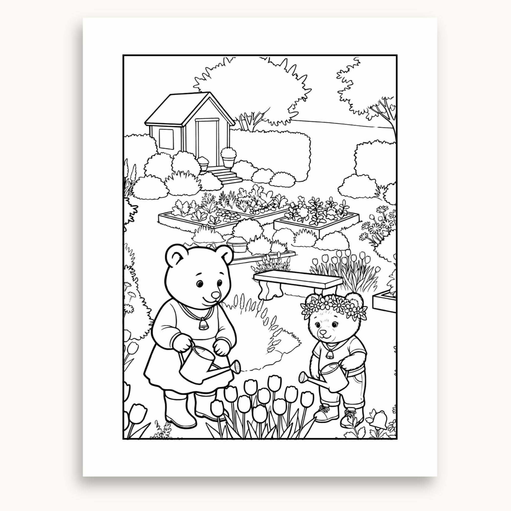 Page de coloriage jeanniesse et maman qui font du jardinage dui cahier d'activités de printemps. À imprimer e à colorier. Éditions Plume Et Clochette