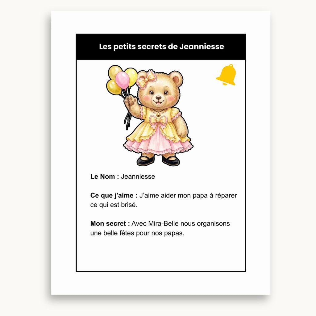 Page fiche de personnage, Jeanniesse qui tient des ballon du cahier d'activités de la fête des pères à imprimer et à lire. Éditions Plume Et Clochette