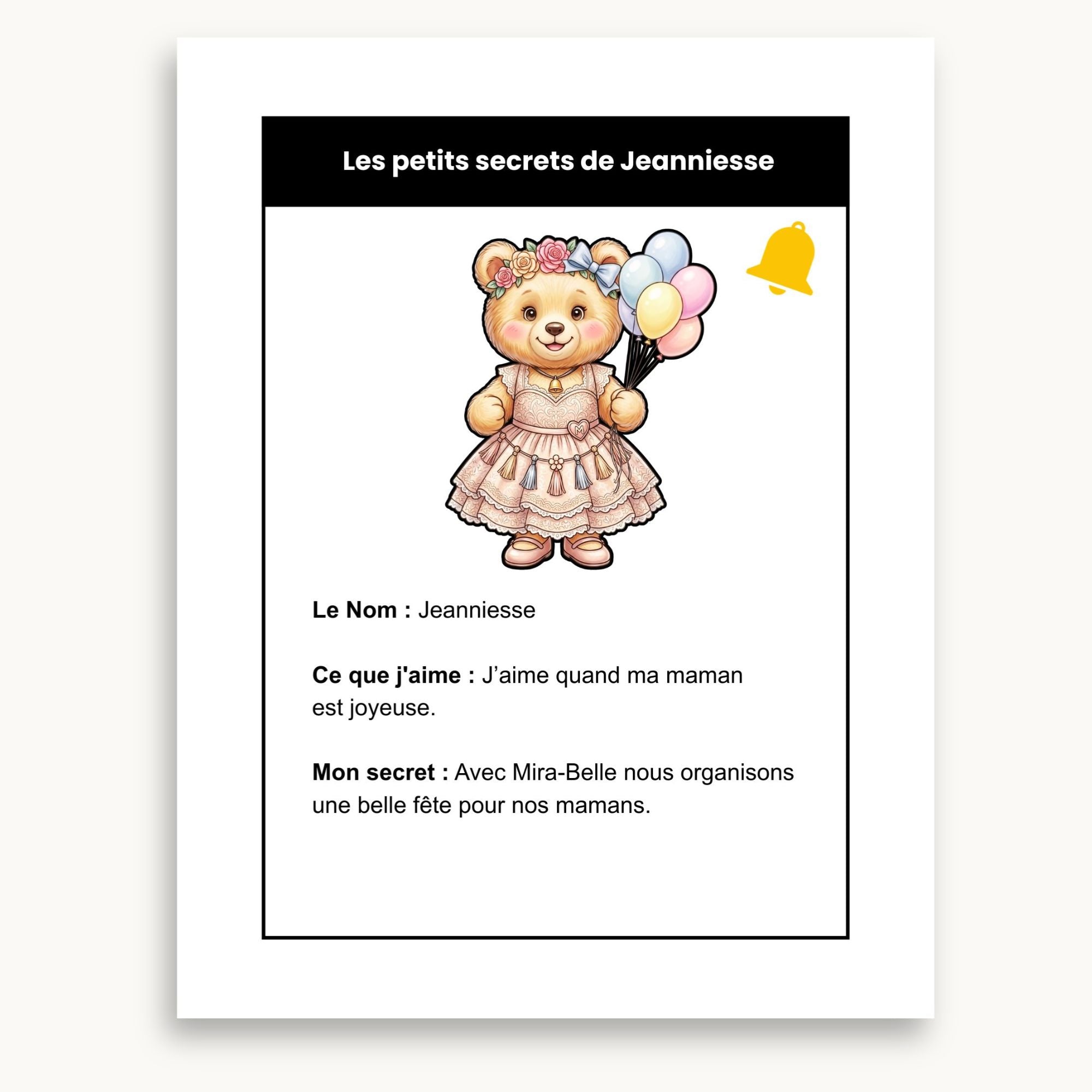 Fiche personnage du cahier magique pour maman à imprimer et à lire. Jeanniesse est en robe et tient des ballon de fête. Éditions Plume Et clochette