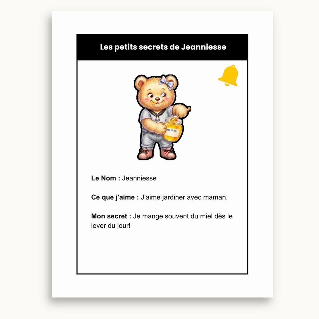 Fiche de personnage, Jeanniesse qui mange du miel du cahier d'activités de printemps. À imprimer et à lire. Éditions Plume Et Clochette