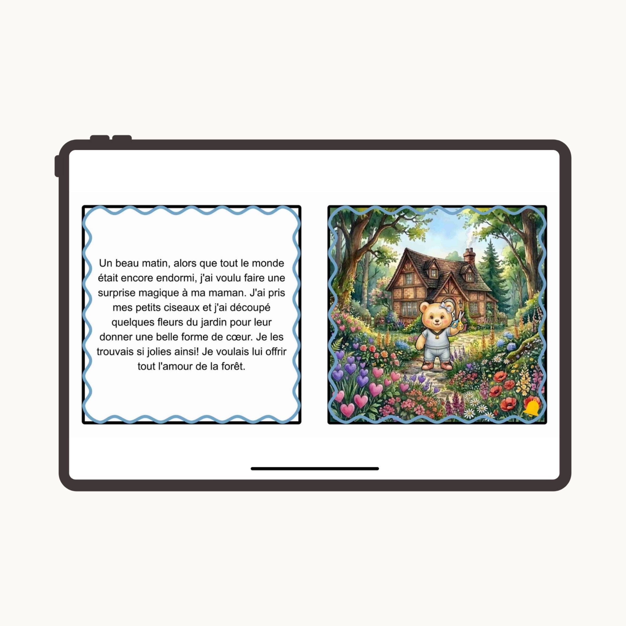 Page d'histoire du tome 1 du livre numérique sur tablette. Jeanniesse a ses siceaux en main dans le jardin. Autrice Jessica Larocque