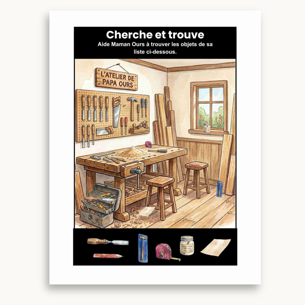 Page de jeu cherche et trouve du cahier de fête des pères. À imprimer et à s'amuser. Éditions Plume Et Clochette