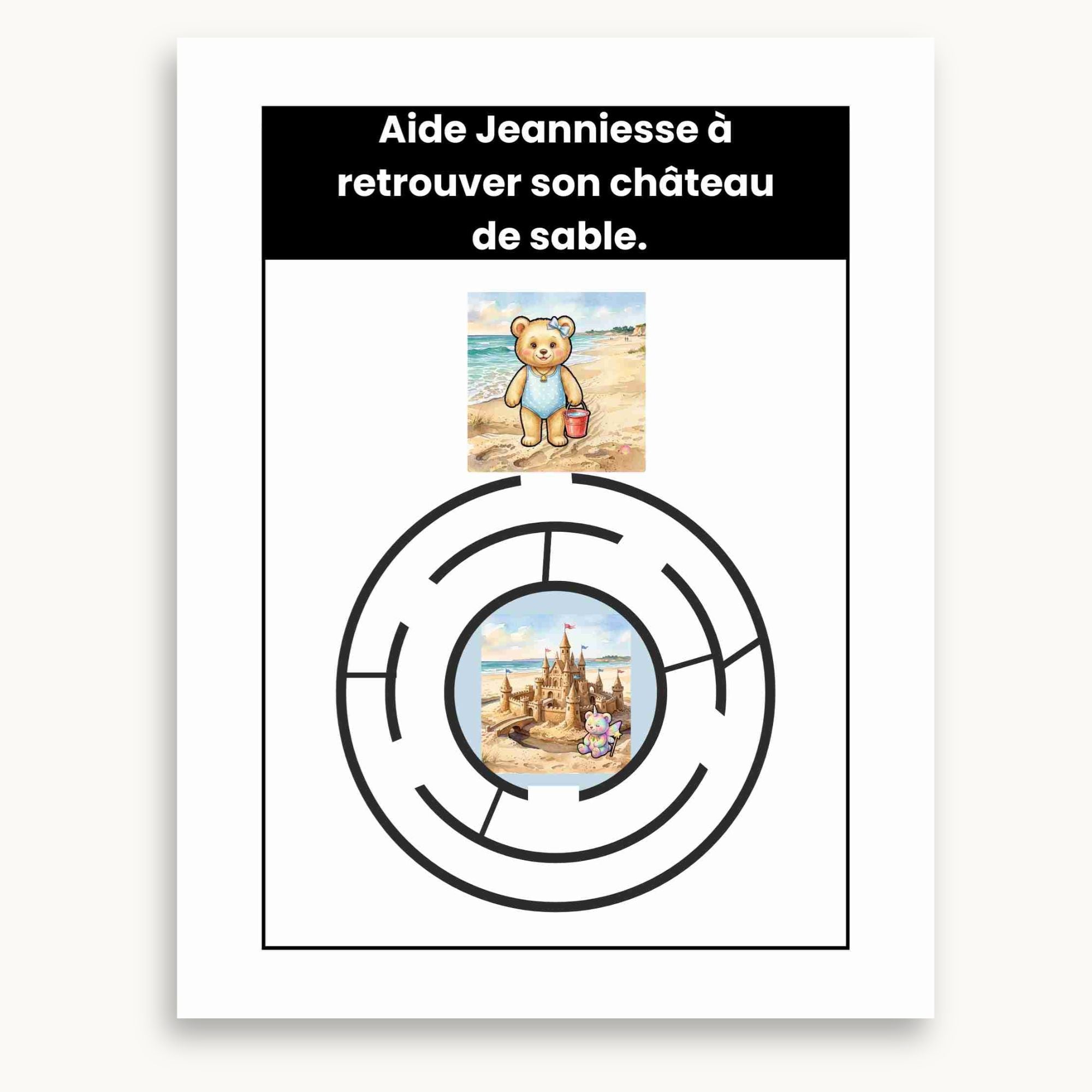 Page de jeux : Labyrinthe de Jeanniesse qui doit aller porter son saut d'eau à son château de sable du cahier d'activités d'été. Éditions Plume Et clochette