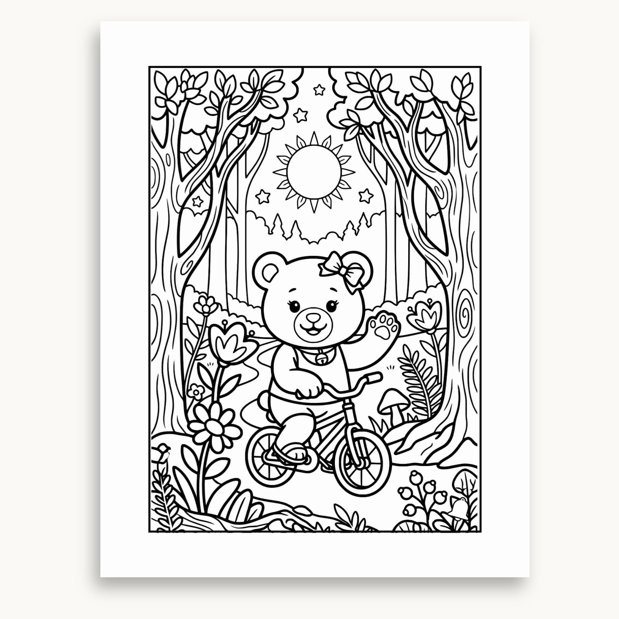 Page de coloriage du cahier d'activités d'été. Jeanniesse qui fais du vélo dans la forêt secrète magique. À imprimer et à colorier. Éditions Plume Et Clochette