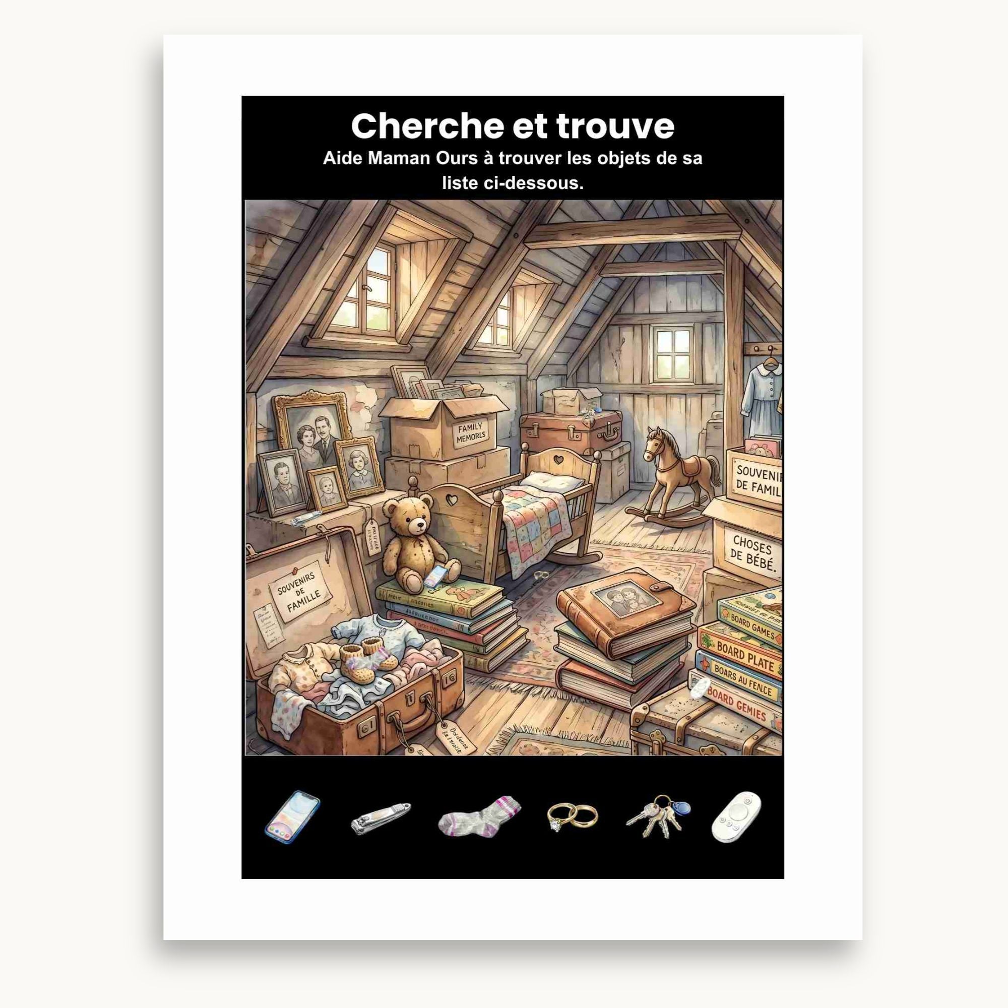 Jeu de cherche et trouve du cahier d'activités magique pour maman. Des objet à trouver dans le grenier à imprimer et s'amuser. Éditions Plume Et clochette