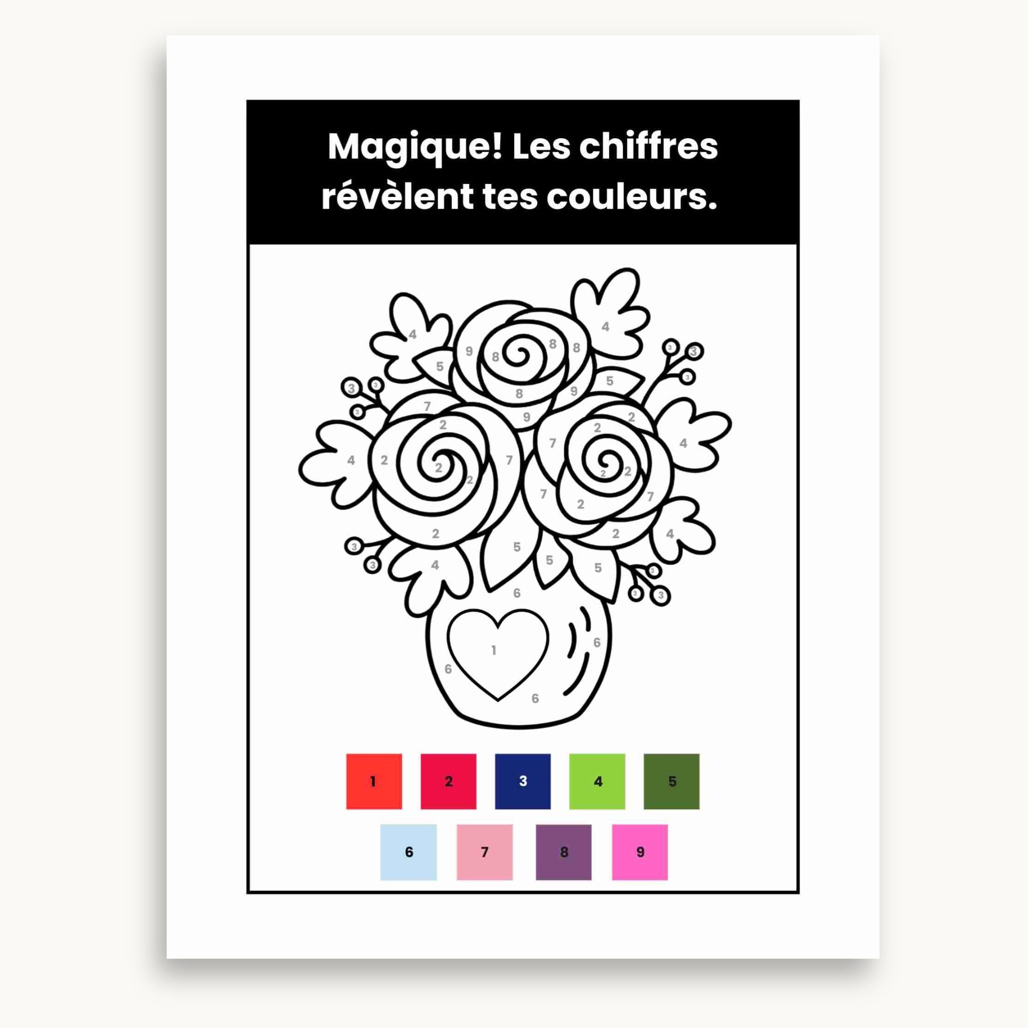 Page de jeu : Colorie par numéro du cahier fête des mères. Des fleurs dans un vase. à imprimer et à colorier