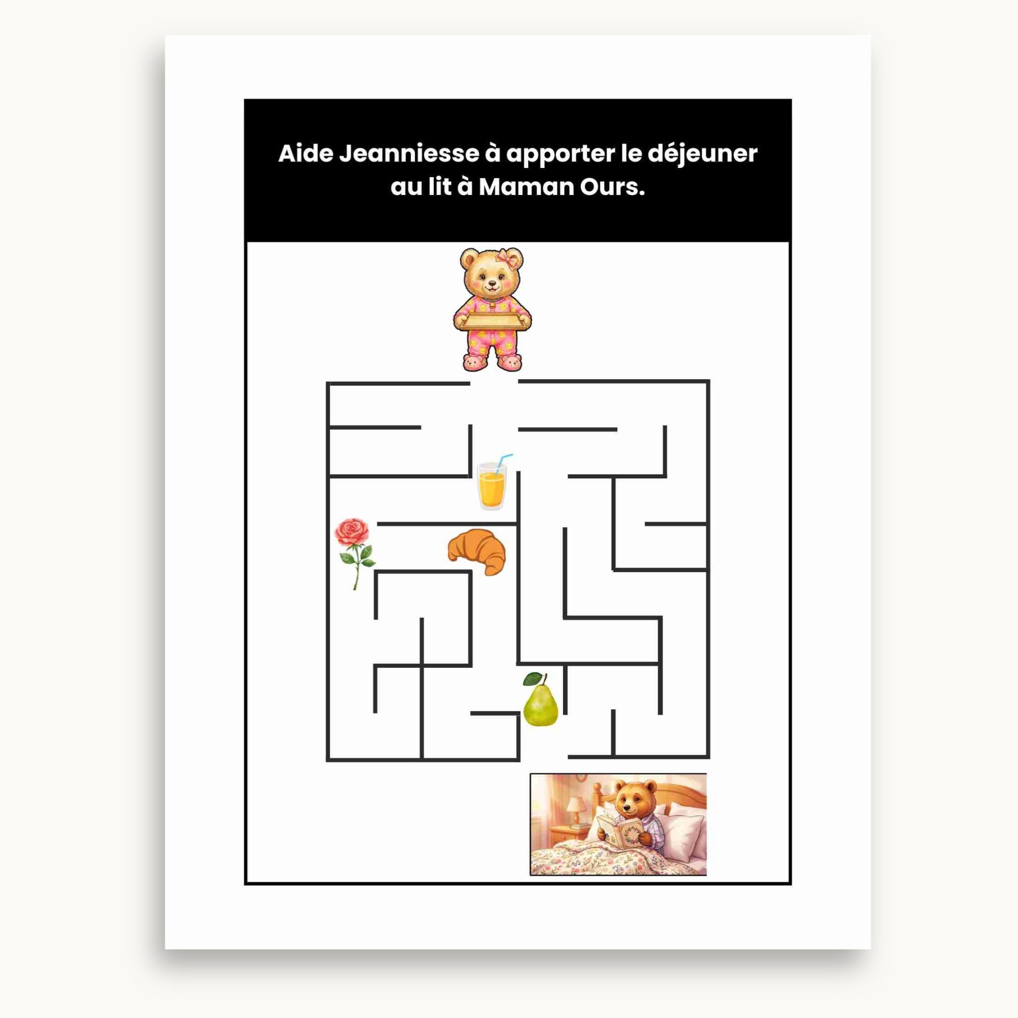 Page de jeu : Un labyrinthe pour que Jeanniesse apporte le déjeuner à sa maman du cahier de fête des mères. À imprimer et  à s'amuser. Éditions Plume Et Clochette