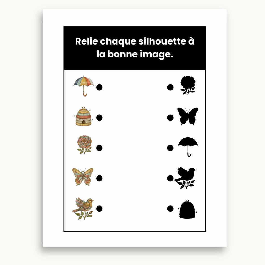 Page de jeu relis l'image à sa silhouette du cahier d'activités de printemps. À imprimer et à s'amuser. Éditions Plume Et clochette