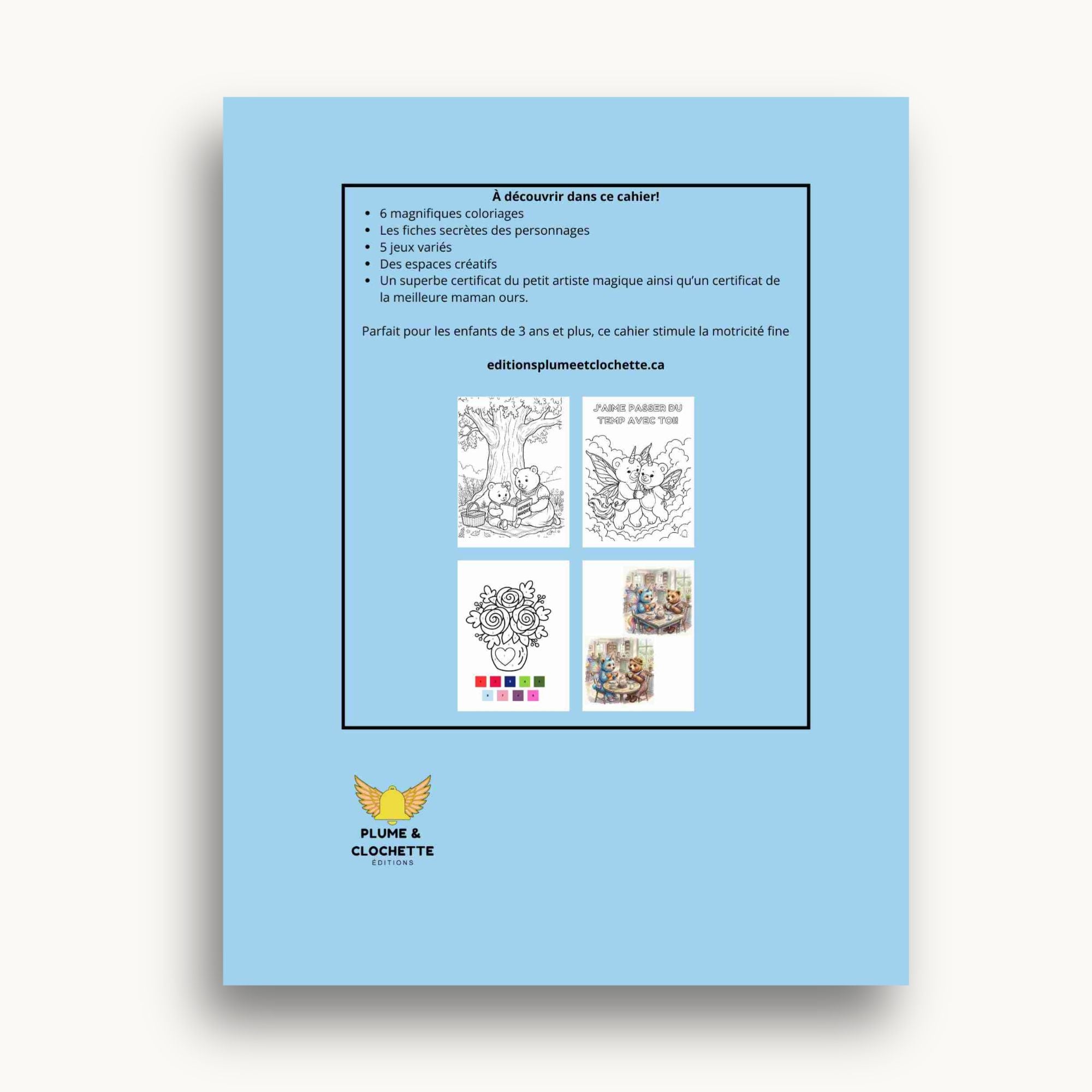 Quatrième de couverture du cahier d'activités de la fête des pères. Éditions Plume Et Clochette